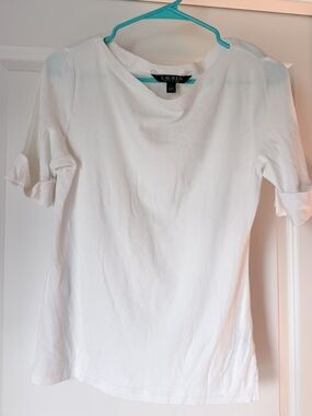 Lauren Ralph Lauren White Boat Neck Top L Short Cuffed Sleeve Classic Tee